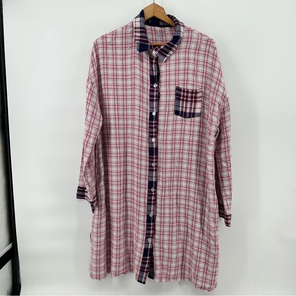 Roudelain Women's Plaid Flannel Sleep Shirt Dress Sz XL Pink Soft Pockets Lounge